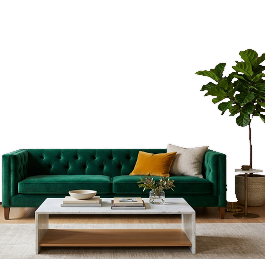 Wohnzimmer mit grünem Chesterfield-Sofa und taupefarbener Wand