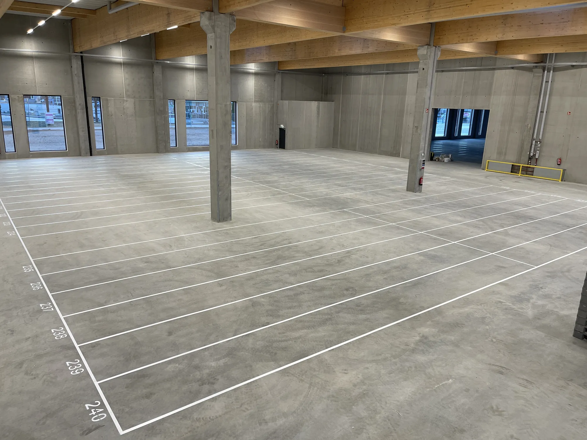 Hallenboden mit weißen Linienmarkierungen